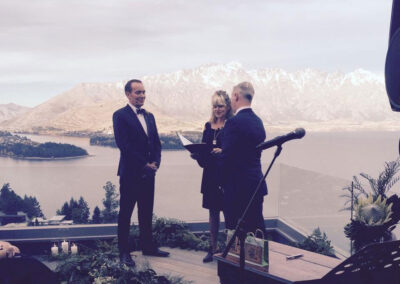 same sex wedding in Queenstown, New Zealand, overlooking the lake and mountains